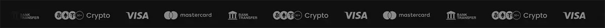 Repeating payment banner with icons for bank transfer, Bitcoin/Crypto, Visa, and Mastercard on a dark background.