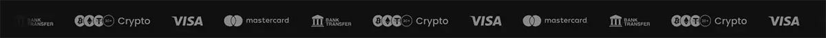 Repeating payment banner with icons for bank transfer, Bitcoin/Crypto, Visa, and Mastercard on a dark background.