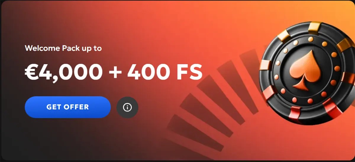 Casino welcome offer banner reading “Welcome Pack up to €4,000 + 400 FS,” with a blue “Get Offer” button, an info icon, and a large poker chip graphic on a red-orange gradient background.