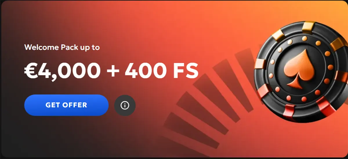 Casino welcome offer banner reading “Welcome Pack up to €4,000 + 400 FS,” with a blue “Get Offer” button, an info icon, and a large poker chip graphic on a red-orange gradient background.