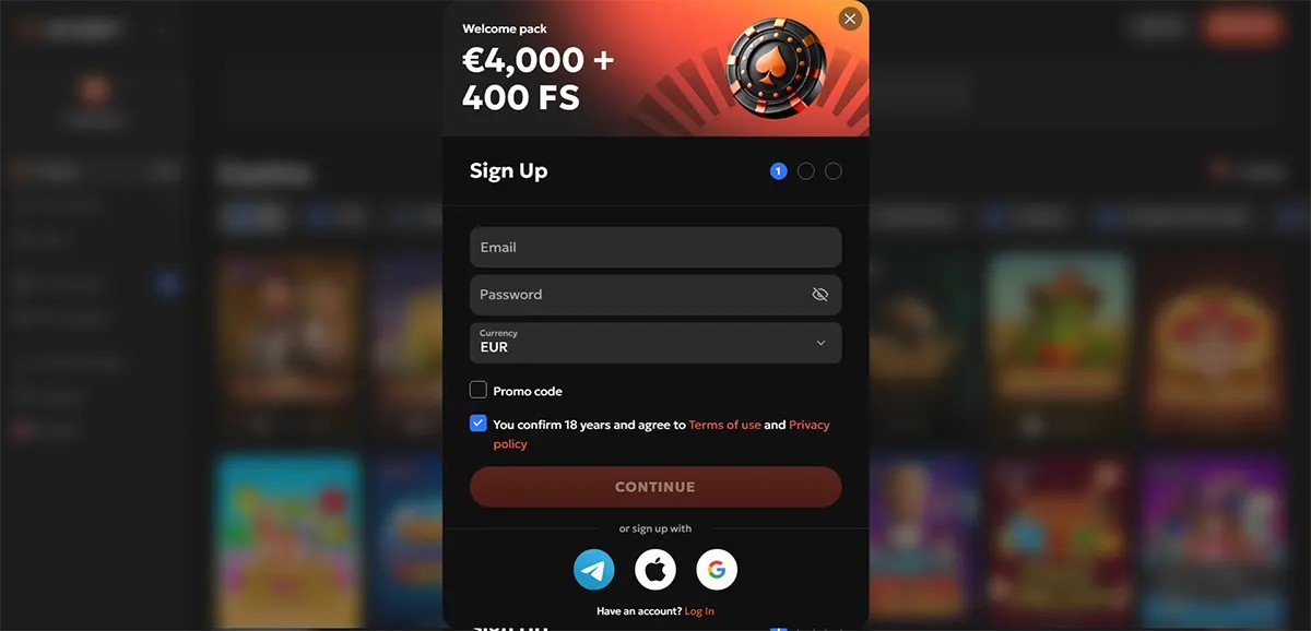 Casino sign-up pop-up showing a welcome pack “€4,000 + 400 FS,” with email and password fields, currency set to EUR, promo code option, an 18+ consent checkbox, a “Continue” button, and Telegram/Apple/Google sign-up icons over a blurred game lobby.