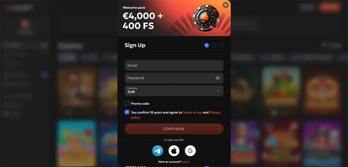 Casino sign-up pop-up showing a welcome pack “€4,000 + 400 FS,” with email and password fields, currency set to EUR, promo code option, an 18+ consent checkbox, a “Continue” button, and Telegram/Apple/Google sign-up icons over a blurred game lobby.
